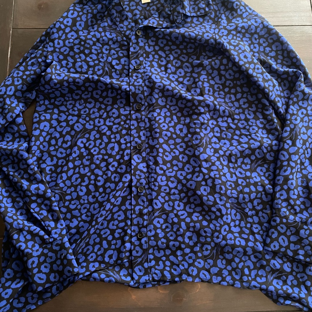 Sheer Michael Kors button down blouse, gorgeous blue, animal print. Like new!